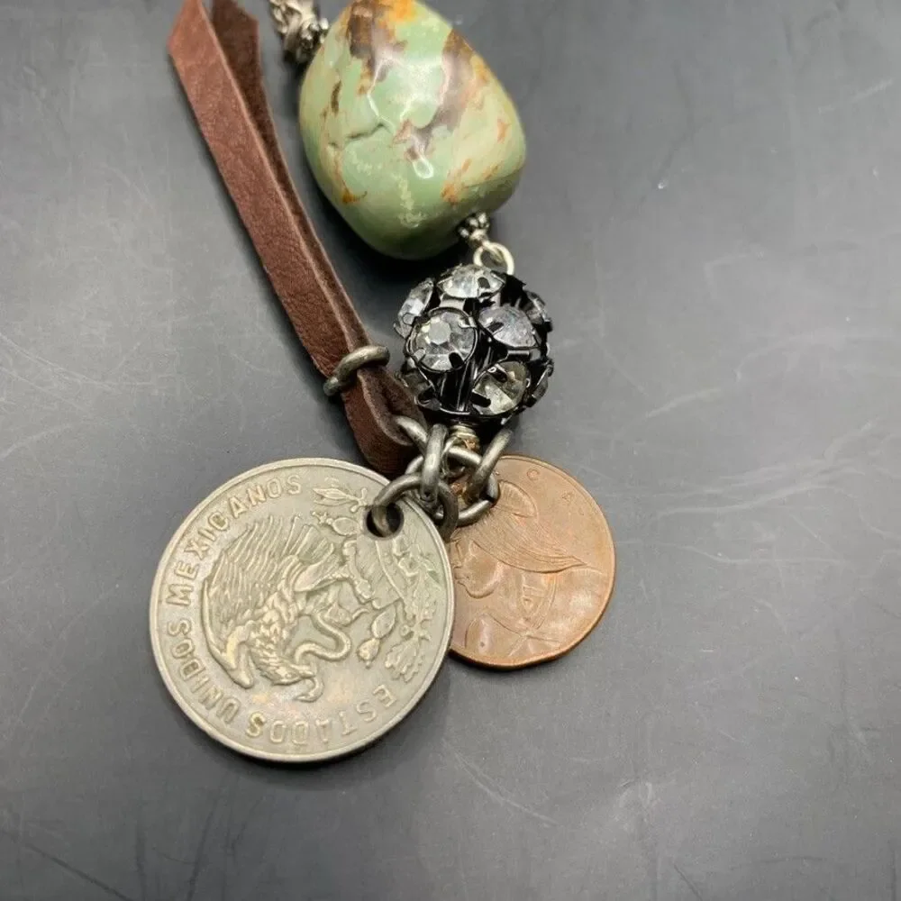 Handmade Artisan Necklace Jasper Pearl Panama Mexico Coins Leather Rhinestones